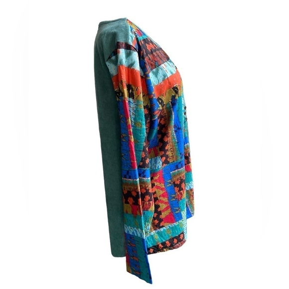 Zanzea Mixed Media Corduroy Top Ethnic Print Buttoned Women’s XXL Green Spl… - Picture 14 of 14